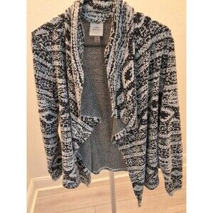 Knox Rose Black White Textured Open-Front Cardigan Sweater Size Large